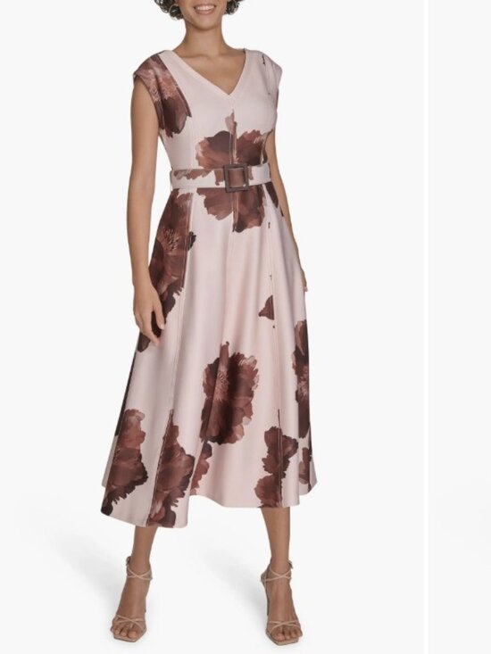 Calvin Klein Dresses & Skirts - Floral V-Neck Belted Midi A-Line Dress